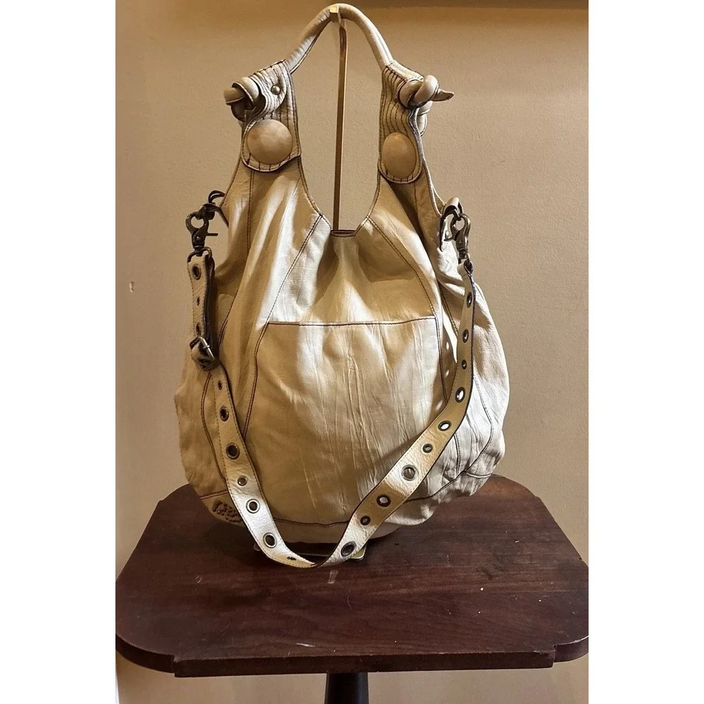 Betsey Johnson Vintage Leather Hobo Tote Bag Beige Studded Boho Shoulder Purse